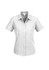 A plain short sleeve button-up shirt in light grey, featuring a classic collar and buttons down the front. There is a logo present.