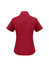 A short sleeve, button-up shirt in a deep red shade, featuring a collar and a branded logo.