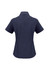 A navy blue short sleeve button-up shirt featuring a collar and a fitted design, with a logo on the back.