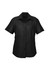 A black short sleeve button-up shirt featuring a collared neckline and a logo on the label.