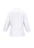 A plain white ladies' shirt with 3/4 sleeves and a back view, featuring a subtle collar and a logo.