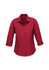 A red women's button-up shirt with 3/4 sleeves and a collar, featuring a logo. 