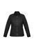 A black women's puffer jacket with a zip front and ribbed collar, featuring side pockets and a logo.