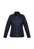 A women's puffer jacket in navy blue with a zip front and side pockets, featuring a logo on the design.