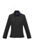 A black soft shell jacket featuring a high collar and zip front, with two side pockets and a branding logo.