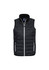 A black puffer vest with a high collar, featuring side zip pockets and a logo on the chest.