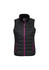 A black vest with a high collar and purple zippers, featuring two side pockets and a logo on the chest.