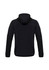 A black puffer jacket with a hood, featuring a simple design and a logo on the back.