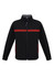 A black unisex soft shell jacket with red stripes and zippered pockets. Features a stand-up collar and has a logo.