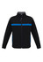 A black unisex soft shell jacket with blue accents and zippers, featuring a logo on the front.