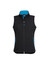 A black women's vest featuring blue accents, a high collar, and zippered pockets, with a logo.