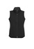 A black women's vest featuring a zip front and two side pockets, with a collar and a logo.