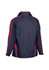 A navy blue jacket with red stripes on the sides and sleeves, featuring a logo on the back.