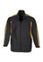 A black track jacket featuring yellow stripes along the sleeves and a front zipper. It has a logo on the chest.