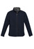A navy soft shell jacket with a zip front, long sleeves, and side pockets. Features a logo on the chest.
