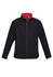 A black soft shell jacket with red detailing, featuring a zip front and pockets. It has a logo on the chest.