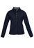 A soft shell jacket in navy blue with a zippered front and side pockets, featuring a logo on the chest.