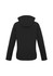 A black women's soft shell jacket with a hood, featuring a logo on the sleeve.