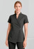 A dark grey women's tunic with a wrap design and short sleeves, featuring a small fastening at the front.
