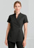 A black women's tunic with a wrap design and a button detail, suitable for spa or uniform wear.