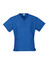 A blue classic women's scrub top with short sleeves and a v-neck design, featuring two front pockets and a logo.
