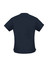 A navy blue women's scrub top with short sleeves and a back view. It features a logo on the back.