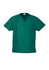 A green unisex scrub top with a v-neck, short sleeves, and a chest pocket, featuring two side pockets and a logo.