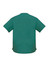 A green unisex scrub top with short sleeves and side slits, featuring a logo.