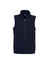 A plain navy micro fleece vest with a zip front and no sleeves, featuring a logo on the collar.