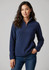 A woman wearing a navy blue polar fleece jumper with a quarter zip and a fitted design, paired with jeans.