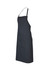 A dark grey bib apron with adjustable straps and a front pocket, featuring a logo on the fabric.