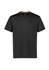 A black short sleeve tee with yellow accents and a logo on the front. Suitable for kids.