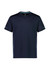 A navy short sleeve t-shirt with light blue accents and a logo on the chest.