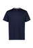 A navy blue short sleeve tee for kids with small design details on the sleeves and a logo on the front.