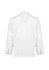 A white long sleeve chef jacket featuring a high collar and side slits, with a logo on the back.