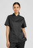 A black short sleeve chef jacket for women, featuring a mandarin collar and front button closure, with a logo present.