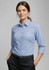 A women's button-up shirt in blue gingham pattern with 3/4 sleeves, featuring a collar and a logo.