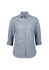 A three-quarter sleeve button-up shirt in navy and white gingham pattern. Features a collar and a logo.