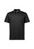 A black short sleeve polo shirt featuring orange accents and a logo on the chest.
