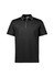 A black short sleeve polo shirt featuring a contrasting collar and logos. Suitable for casual or smart-casual wear.
