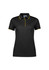 A black short sleeve polo shirt featuring yellow trim and a logo on the chest.