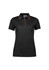 A women's black polo shirt with short sleeves and orange accents, featuring a collar and buttons.