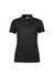 A black women's short sleeve polo shirt with a collar and buttons, featuring a logo.
