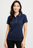 A navy women's short sleeve polo shirt with a contrasting collar and a logo on the chest.