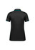 A black women's polo shirt with short sleeves and contrasting teal trim on the collar. Features a logo.