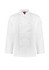 A white long sleeve chef jacket with a double-breasted design and branding on the sleeve.