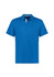 A blue men's short sleeve polo shirt with a collared neckline and a logo, featuring white detailing on the sides.