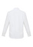 A white long sleeve button-up shirt featuring a collar and a logo on the back.