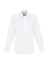 A white long sleeve button-up shirt with a collar, featuring a logo on the chest.