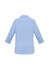 A light blue women's button-up shirt featuring 3/4 sleeves and a collared neckline, with a logo visible.